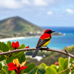 Caribbean Holidays, May Birdwatching, A colourful Caribbean kingbird perched on a branch above scrub and tropical flowers, with Saint Martin hills and blue sea behind it