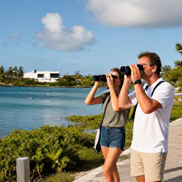 Caribbean Holidays, May Birdwatching, A friendly couple with binoculars enjoying a peaceful birdwatching walk beside a Caribbean lagoon on Sint Maarten in May