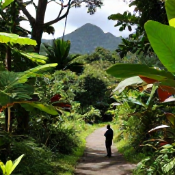 Caribbean Holidays, May Birdwatching, A quiet Saint Vincent valley with tropical forest, distant mountains and a birdwatcher pausing beside a shaded trail