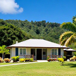 Caribbean Holidays, May Birdwatching, A relaxed Caribbean holiday scene in May with a small hotel, tropical garden, rainforest hills and clear blue sky