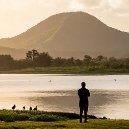Caribbean Holidays, May Birdwatching, Birdwatcher beside a quiet wetland in Antigua at sunrise, with waterbirds and green hills in the background
