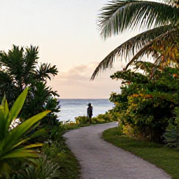 Caribbean Holidays, May Birdwatching, Birdwatcher on a quiet coastal trail in Saint Barth&eacute;lemy at sunrise, with tropical vegetation and the Caribbean Sea in the background