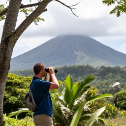 Caribbean Holidays, May Birdwatching, Birdwatcher using binoculars beside lush tropical woodland on Saint Kitts in May, with volcanic hills and bright Caribbean light