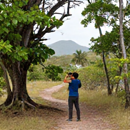 Caribbean Holidays, May Birdwatching, Birdwatcher using binoculars on a forest trail in St Croix, surrounded by tropical trees and distant Caribbean hills