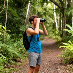 Caribbean Holidays, May Birdwatching, Birdwatcher with binoculars on a forest trail in the Cordillera Central, Dominican Republic