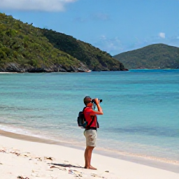 Caribbean Holidays, May Birdwatching, Birdwatcher with binoculars on a quiet tropical shoreline in the British Virgin Islands, with green hills and calm turquoise sea