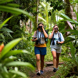 Caribbean Holidays, May Birdwatching, Birdwatchers with binoculars walking through lush rainforest at Asa Wright Nature Centre in Trinidad