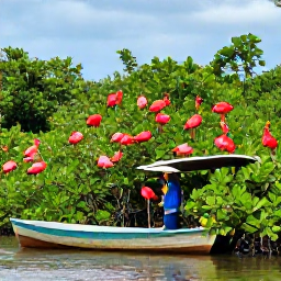 Caribbean Holidays, May Birdwatching, Boat travelling through the Caroni Swamp wetlands in Trinidad with scarlet ibis perched in mangroves