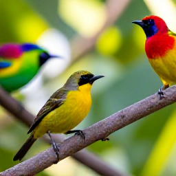 Caribbean Holidays, May Birdwatching, Close-up view of a bananaquit and tropical birds in bright Caribbean vegetation with soft morning light