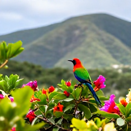 Caribbean Holidays, May Birdwatching, Colourful Caribbean birds perched among flowering shrubs in a British Virgin Islands garden, with tropical hills in the background