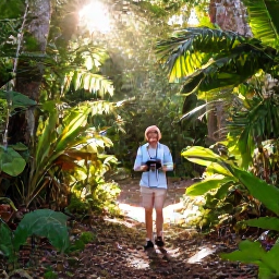 Caribbean Holidays, May Birdwatching, Early morning birdwatching walk through dry tropical woodland on Tortola, British Virgin Islands, with binoculars and sunlit foliage