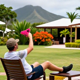Caribbean Holidays, May Birdwatching, Friendly birdwatcher relaxing at a Caribbean hotel garden on Saint Kitts, with tropical plants and mountains in the background