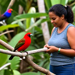 Caribbean Holidays, May Birdwatching, Friendly birdwatching guide showing visitors a colourful bird in a tropical Trinidad and Tobago garden