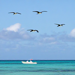 Caribbean Holidays, May Birdwatching, Frigatebirds soaring above Codrington Lagoon in Barbuda, with a small boat and calm turquoise water