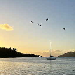Caribbean Holidays, May Birdwatching, Golden evening over a quiet British Virgin Islands bay, with tropical vegetation, anchored sailboats and birds flying across the sky
