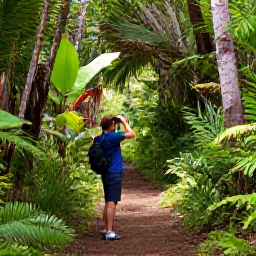 Caribbean Holidays, May Birdwatching Holidays, Colourful Caribbean forest with a birder using binoculars on a quiet trail in May