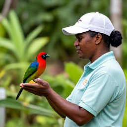 Caribbean Holidays, May Birdwatching Holidays, Friendly local birdwatching guide showing a visitor a colourful Caribbean bird in a green nature reserve