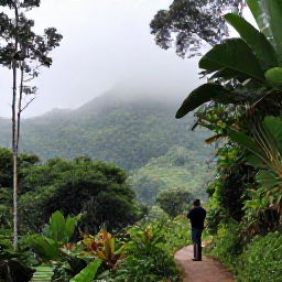 Caribbean Holidays, May Birdwatching Holidays, Roseau Valley rainforest in Dominica with misty hills, tropical foliage and a birdwatcher on a woodland path