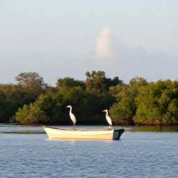 Caribbean Holidays, May Birdwatching Holidays, Tranquil Caribbean wetland and mangrove lagoon with egrets, herons and a small boat at sunrise