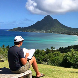 Caribbean Holidays, May Birdwatching, Relaxed birdwatcher taking notes beside a scenic Saint Barth&eacute;lemy viewpoint, with a calm bay and tropical island landscape