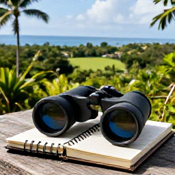 Caribbean Holidays, May Birdwatching, Relaxed birdwatching holiday scene with binoculars, notebook and tropical Dominican Republic landscape