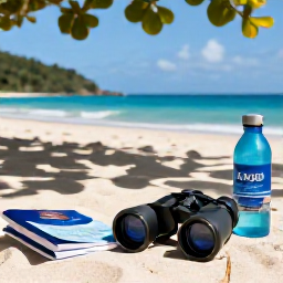 Caribbean Holidays, May Birdwatching, Relaxed Caribbean holiday scene with binoculars, field guide and water bottle beside a shaded beach in the British Virgin Islands