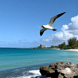 Caribbean Holidays, May Birdwatching, Seabirds flying above a turquoise bay and rocky shoreline in Saint Barth&eacute;lemy during a sunny May morning