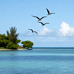 Caribbean Holidays, May Birdwatching, Tropical Caribbean coastline on Saint Kitts with frigatebirds and pelicans flying above calm blue water