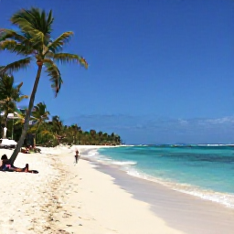 Caribbean Holidays, May Business Class, Calm Caribbean beach in May with turquoise water, palm trees and a few relaxed visitors, bright realistic holiday photograph