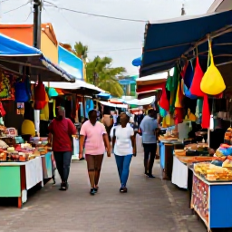 Caribbean Holidays, May Business Class, Colourful Caribbean market street in May with local food, crafts and friendly atmosphere, realistic travel photograph