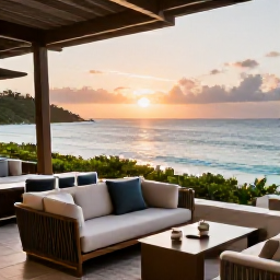 Caribbean Holidays, May Business Class, Elegant Caribbean resort terrace at sunset with ocean view, comfortable seating and a relaxed atmosphere