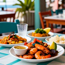 Caribbean Holidays, May City Breaks, Outdoor table at a relaxed Charlotte Amalie restaurant in May, serving Caribbean seafood and colourful local dishes