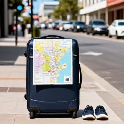 Caribbean Holidays, May City Breaks, Practical city break scene in May with a compact suitcase, comfortable walking shoes, travel map and sunny urban street in the background