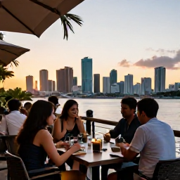 Caribbean Holidays, May City Breaks, Relaxed outdoor caf&eacute; terrace overlooking a beautiful city skyline at sunset in May, with comfortable weather and people enjoying dinner