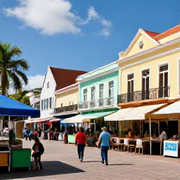 Caribbean Holidays, May City Breaks, Travellers enjoying a sunny city square in May, with colourful market stalls, shaded caf&eacute; terraces and attractive historic architecture