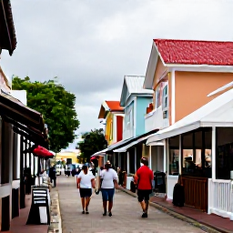 Caribbean Holidays, May City Breaks, Visitors walking through historic Charlotte Amalie streets in May, surrounded by colourful colonial buildings and local shops