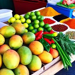 Caribbean Holidays, May Cooking Holidays, A colourful Caribbean market in May with fresh mangoes, limes, peppers, herbs and local spices, warm natural light, authentic travel photography