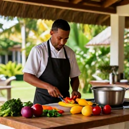 Caribbean Holidays, May Cooking Holidays, A friendly Caribbean chef teaching visitors in an open-air kitchen, colourful ingredients on a wooden table, tropical garden in the background, realistic holiday photography
