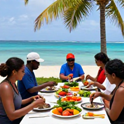 Caribbean Holidays, May Cooking Holidays, A relaxed outdoor Caribbean cooking class beside the sea, visitors preparing fresh fish and colourful vegetables, palm trees and turquoise water, realistic travel photograph