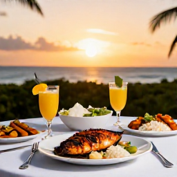 Caribbean Holidays, May Cooking Holidays, An inviting Caribbean dinner table at sunset with grilled fish, plantain, rice, salads and tropical drinks, sea view, authentic holiday photography