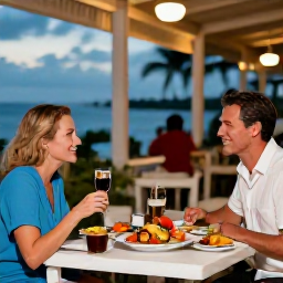 Caribbean Holidays, May Couples Holidays, A couple enjoying an outdoor table at a relaxed Caribbean restaurant in Providenciales, with fresh seafood and evening light