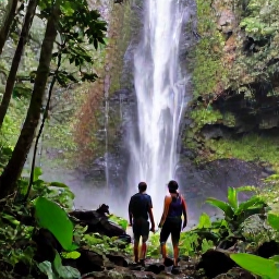 Caribbean Holidays, May Couples Holidays, A couple hiking through lush tropical rainforest on Saint Vincent towards a dramatic waterfall