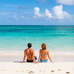 Caribbean Holidays, May Couples Holidays, A couple relaxing together on a quiet white-sand beach in Providenciales, Turks and Caicos, with clear turquoise water and gentle sunshine