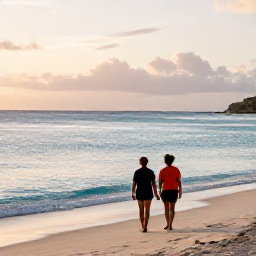 Caribbean Holidays, May Couples Holidays, A couple walking along a quiet Caribbean beach in Saint Martin at sunrise, calm turquoise sea and soft golden light