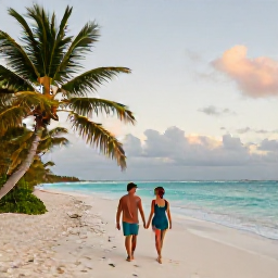Caribbean Holidays, May Couples Holidays, A couple walking hand in hand along a deserted Turks and Caicos beach at sunset, with palms and turquoise water