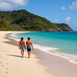 Caribbean Holidays, May Couples Holidays, A couple walking hand in hand along a quiet golden beach on Saint Vincent, with turquoise water and green hills in the background