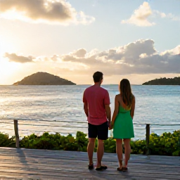 Caribbean Holidays, May Couples Holidays, A couple watching the sun set from a peaceful Caribbean viewpoint overlooking islands and calm blue sea