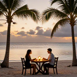 Caribbean Holidays, May Couples Holidays, A romantic seaside table for two at sunset on a Caribbean beach, with soft lights, calm sea and palm trees
