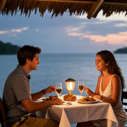Caribbean Holidays, May Couples Holidays, Couple enjoying a romantic dinner at a relaxed waterfront restaurant in Trinidad and Tobago, local dishes and warm evening light
