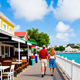 Caribbean Holidays, May Couples Holidays, Couple exploring colourful streets and a lively waterfront in Marigot, Saint Martin, with caf&eacute;s, market stalls and Caribbean architecture